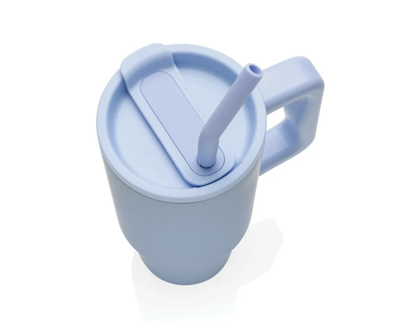 Błękitny kubek termiczny 900 ml z logo, słomką i uchwytem