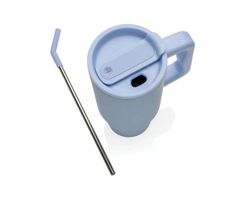 Błękitny kubek termiczny 900 ml z logo, słomką i uchwytem