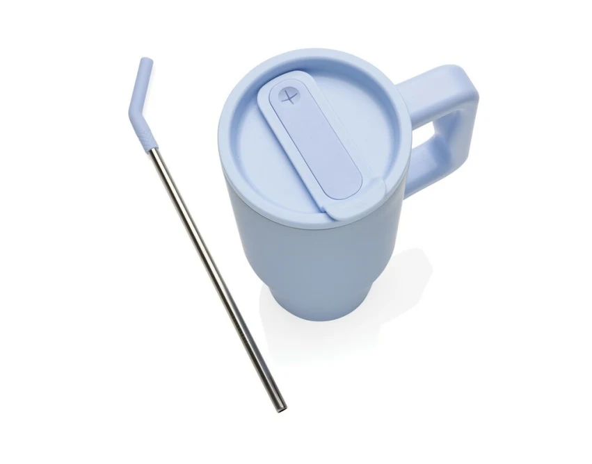 Błękitny kubek termiczny 900 ml z logo, słomką i uchwytem