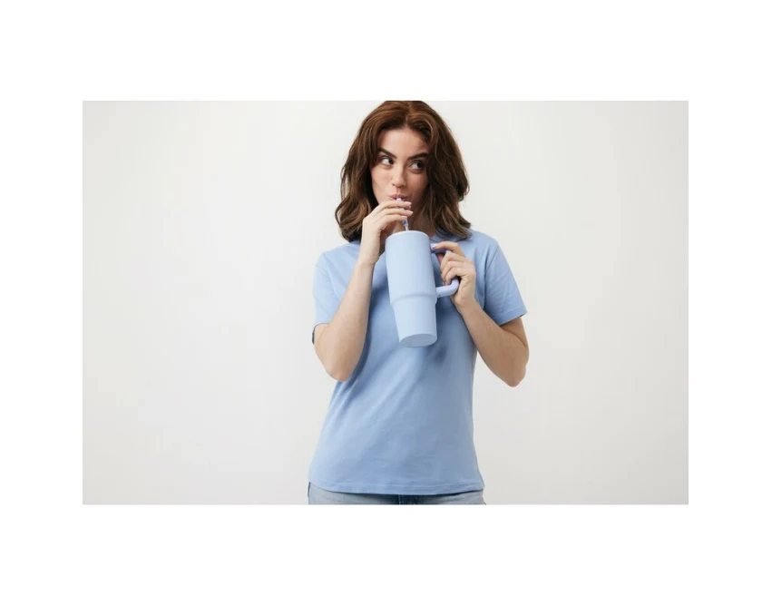 Błękitny kubek termiczny 900 ml z logo, słomką i uchwytem