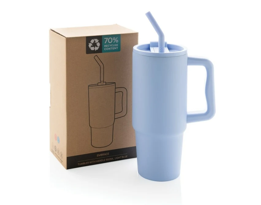 Błękitny kubek termiczny 900 ml z logo, słomką i uchwytem