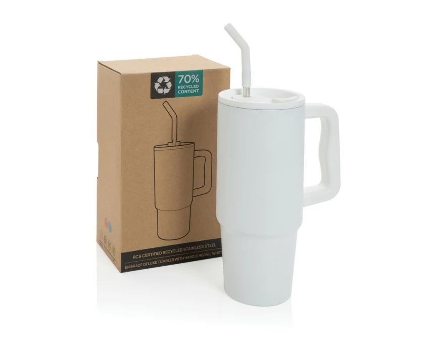 Biały kubek termiczny 900 ml z logo, stal z recyklingu