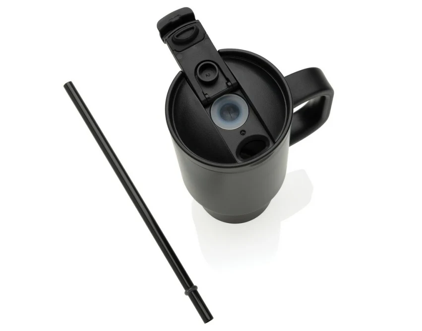 Czarny kubek termiczny Cruzeir 480 ml ze słomką i uchwytem