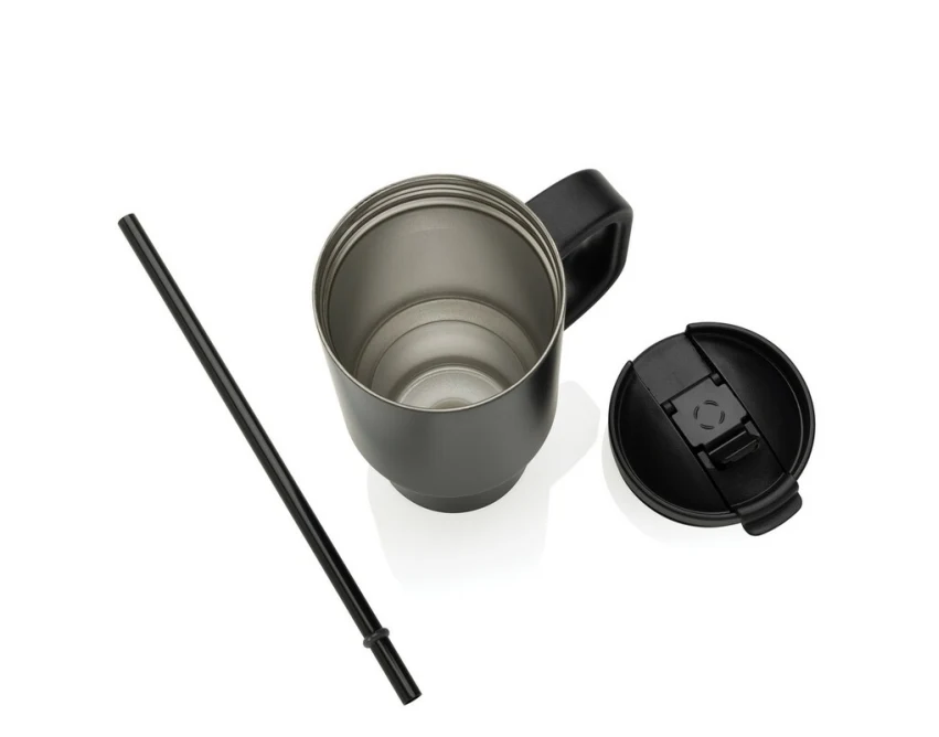 Czarny kubek termiczny Cruzeir 480 ml ze słomką i uchwytem