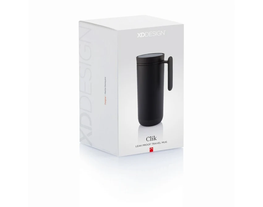 Czarny kubek termiczny 225 ml Clik z uchwytem i logo