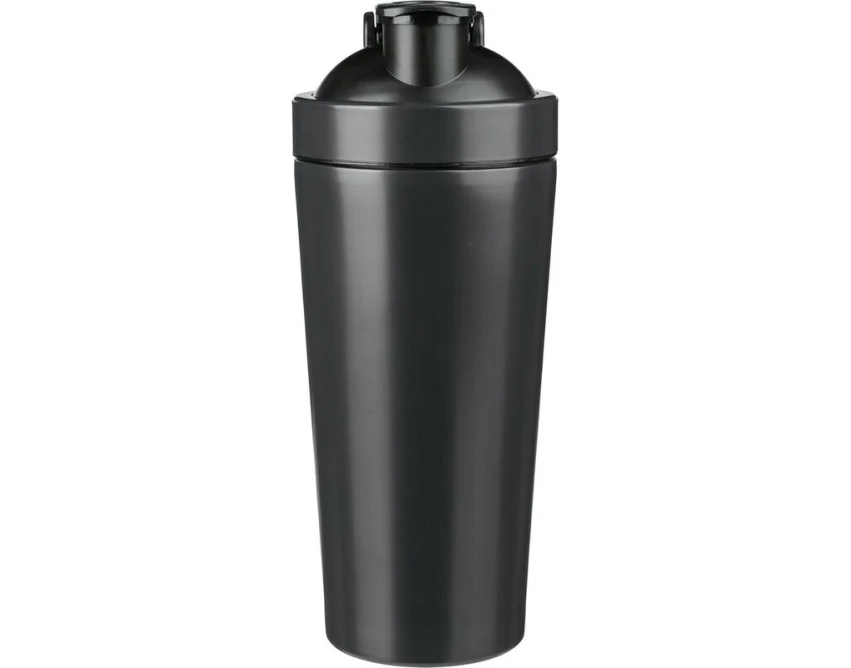 Czarny shaker stalowy 750 ml z logo i kulką do odżywek