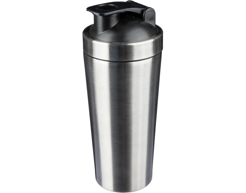 Srebrny bidon sportowy 750 ml z logo, stal, shaker z kulką
