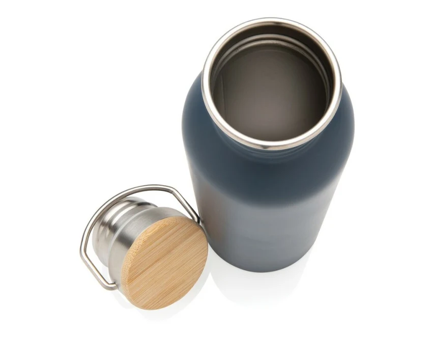 Niebieski bidon stalowy 700 ml z bambusem i nadrukiem UV