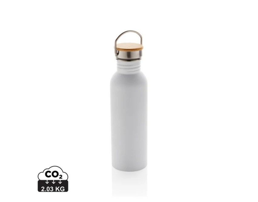 Biały bidon sportowy 700 ml z bambusową zakrętką i nadrukiem