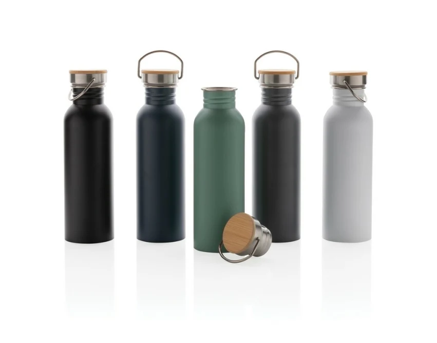 Czarny bidon stalowy 700 ml z nadrukiem UV360 i bambusem