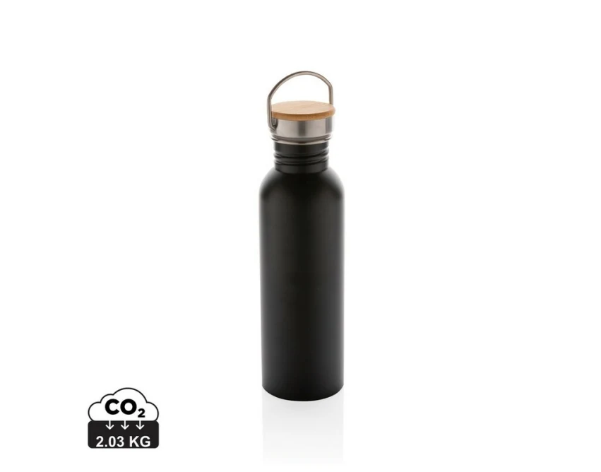 Czarny bidon stalowy 700 ml z nadrukiem UV360 i bambusem