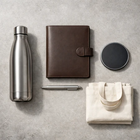 Pięć różnorodnych gadżetów reklamowych ułożonych w minimalistyczną kompozycję
