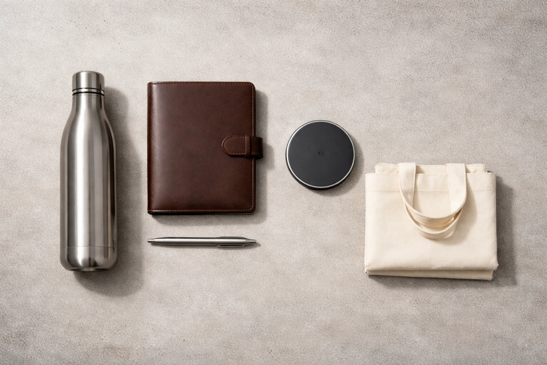 Pięć różnorodnych gadżetów reklamowych ułożonych w minimalistyczną kompozycję