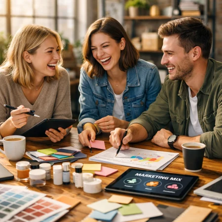 Zespół prowadzi burzę mózgów nad modelem 7P podczas spotkania