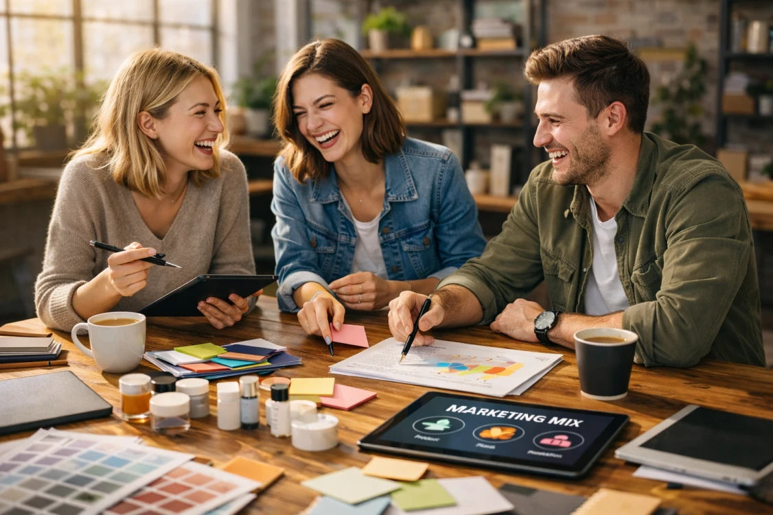 Zespół prowadzi burzę mózgów nad modelem 7P podczas spotkania