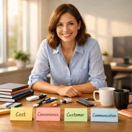 Kobieta analizuje notatki 4C marketingu przy gadżetach firmowych