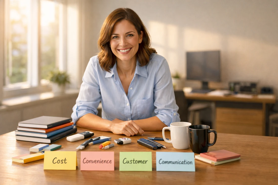 Kobieta analizuje notatki 4C marketingu przy gadżetach firmowych