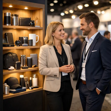 Stoisko targowe prezentuje roznorodne gadzety wspierajace mix 8P