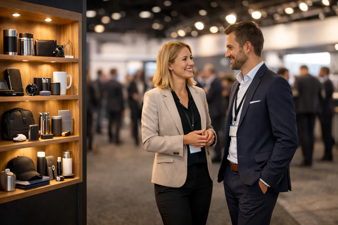 Stoisko targowe prezentuje roznorodne gadzety wspierajace mix 8P