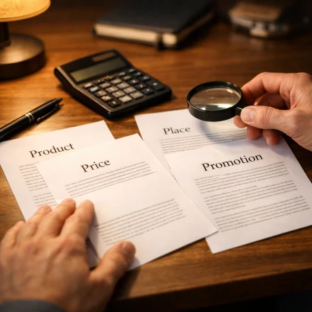 Dłonie porównujące arkusze 4P z lupą i kalkulatorem na biurkuDłonie porównujące arkusze 4P z lupą i kalkulatorem na biurku