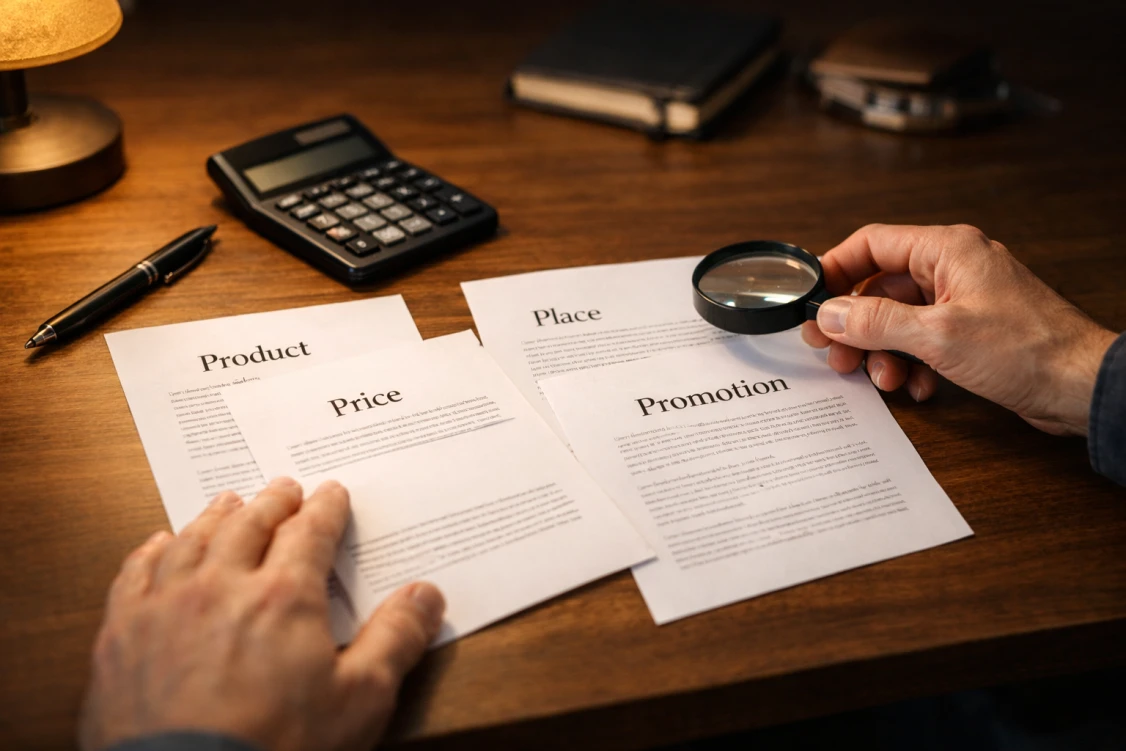 Dłonie porównujące arkusze 4P z lupą i kalkulatorem na biurkuDłonie porównujące arkusze 4P z lupą i kalkulatorem na biurku