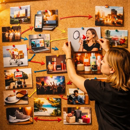 Dyrektorka kreatywna porządkuje tablicę inspiracji dotyczących promocji 7P