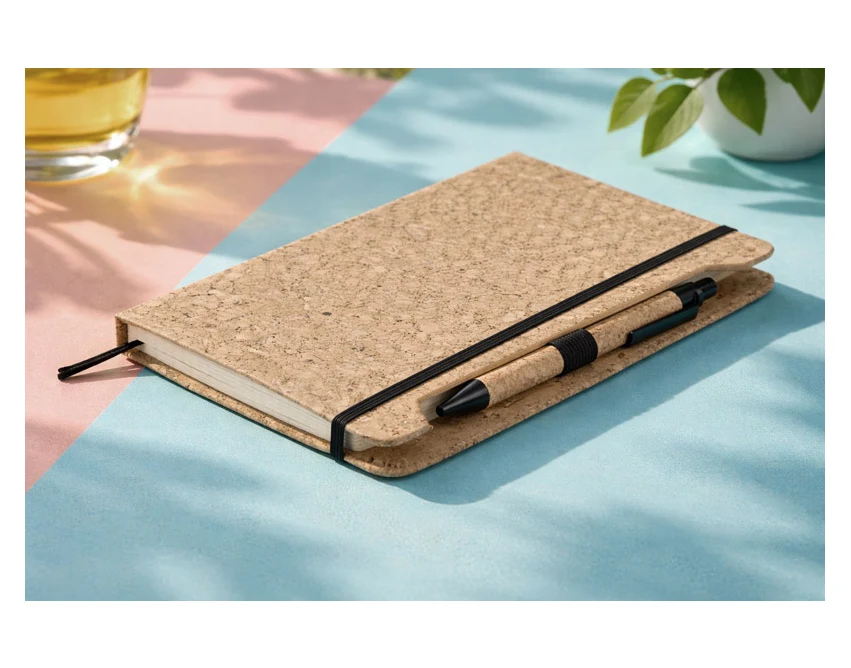 Notes korkowy SKRIP A5 z logo i długopisem, beżowy