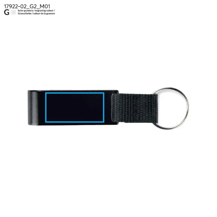 Schemat znakowania dla Grawerowanie laserowe - G2 na gadżecie: Czarny metalowy brelok JOGO 3w1 z żetonem i otwieraczem