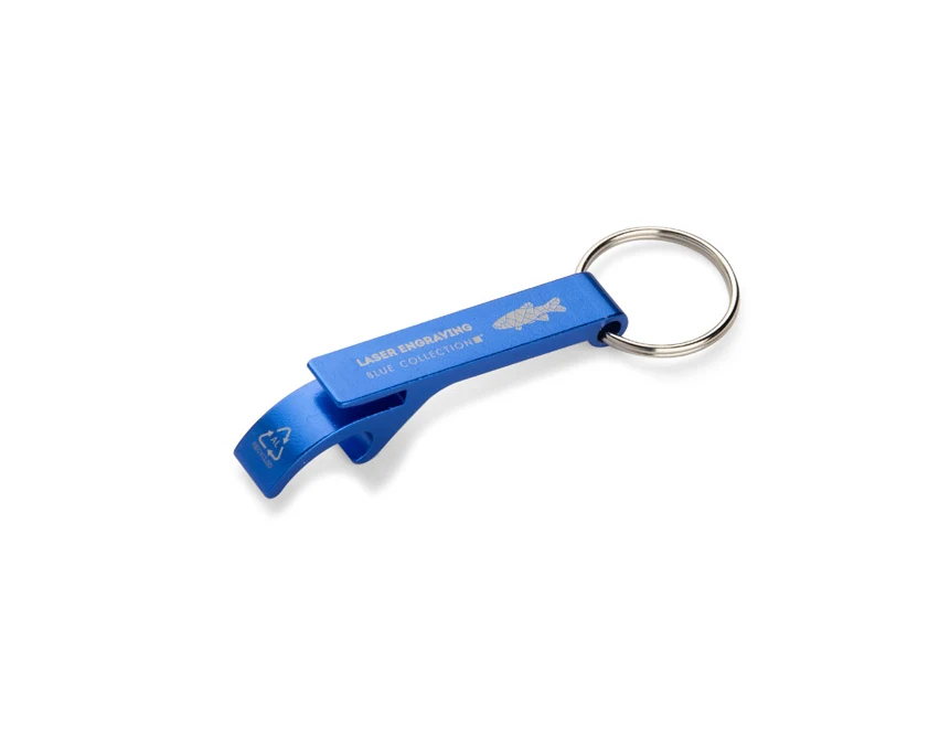 Niebieski brelok rALI z recyklingowanego aluminium i otwieraczem