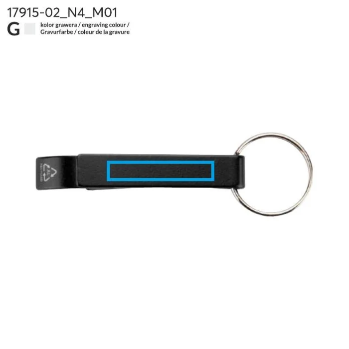 Schemat znakowania dla Tampondruk - N4 na gadżecie: Czarny brelok rALI z recyklingowanego aluminium i otwieraczem