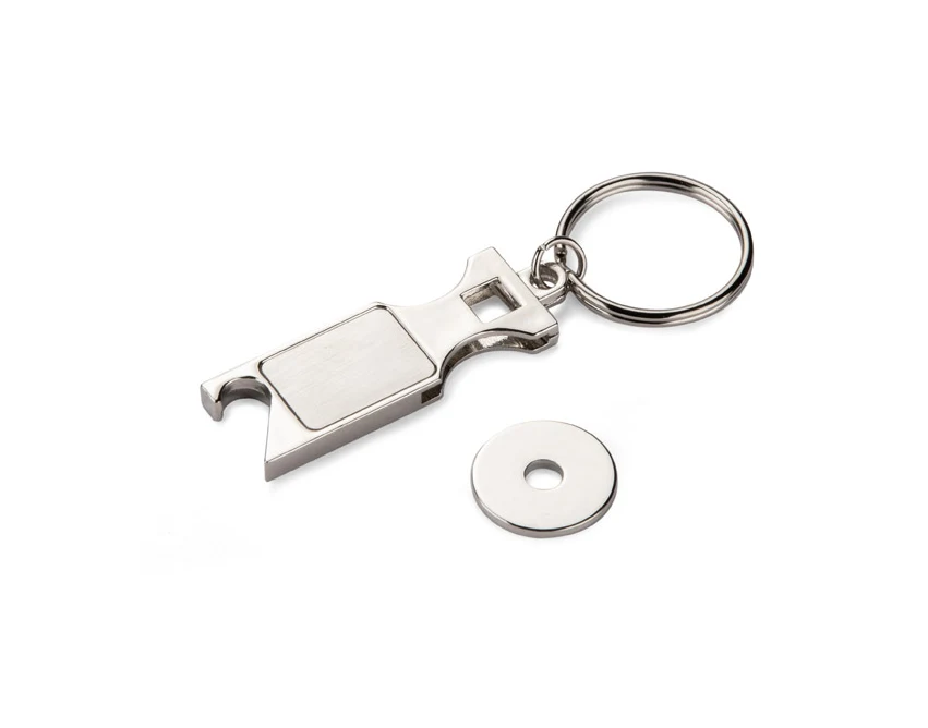 Srebrny metalowy brelok SPRITI z żetonem i otwieraczem
