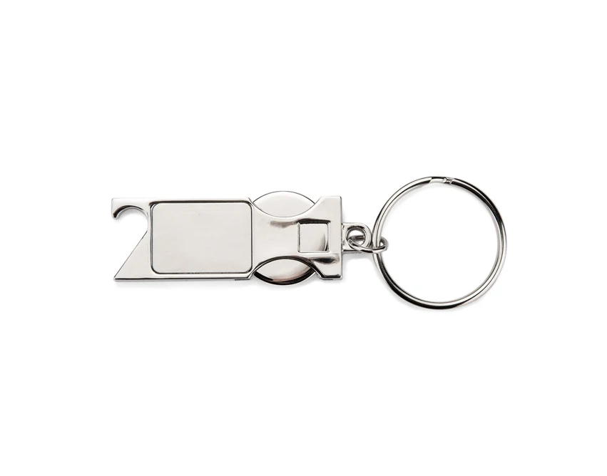 Srebrny metalowy brelok SPRITI z żetonem i otwieraczem
