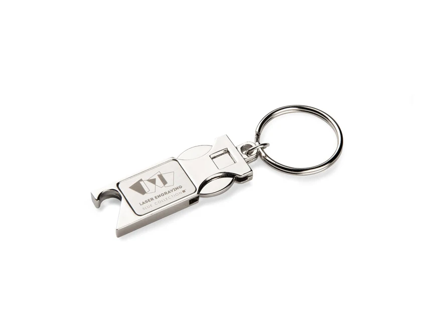 Srebrny metalowy brelok SPRITI z żetonem i otwieraczem
