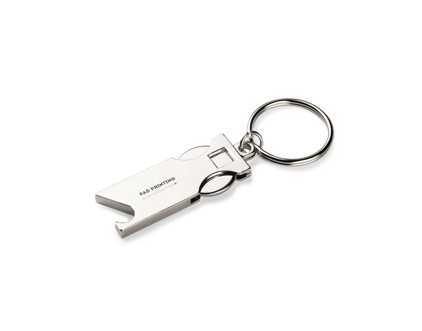 Srebrny metalowy brelok SPRITI z żetonem i otwieraczem