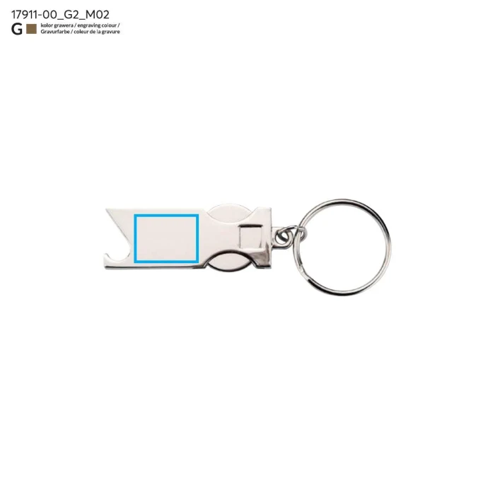 Schemat znakowania dla Grawerowanie laserowe - G2 na gadżecie: Srebrny metalowy brelok SPRITI z żetonem i otwieraczem
