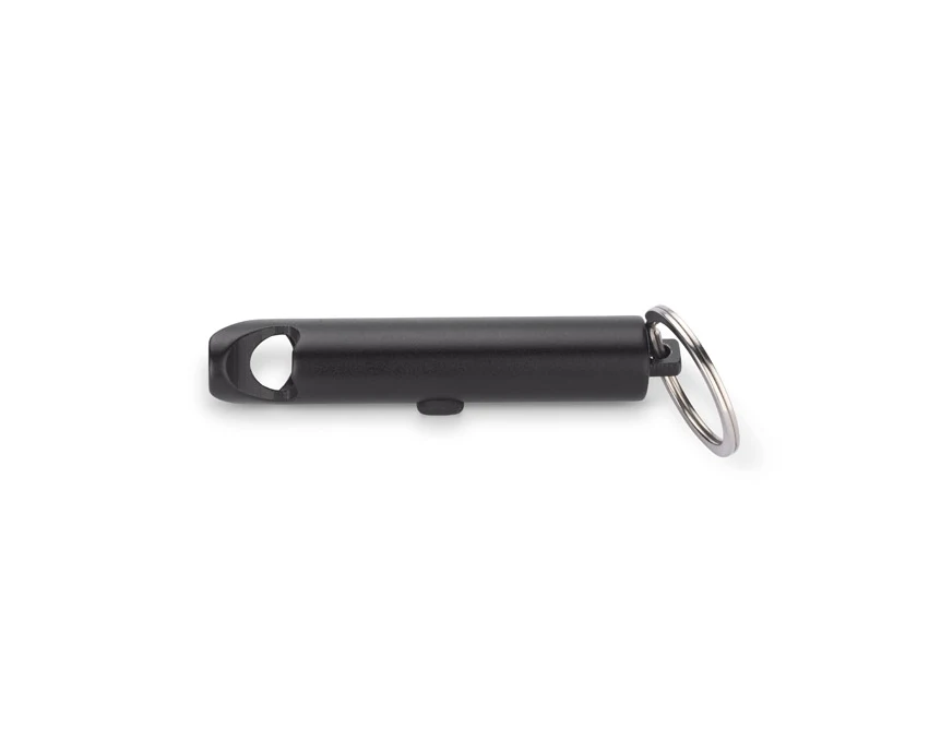 Czarny brelok z latarką i otwieraczem z recyklingu z logo