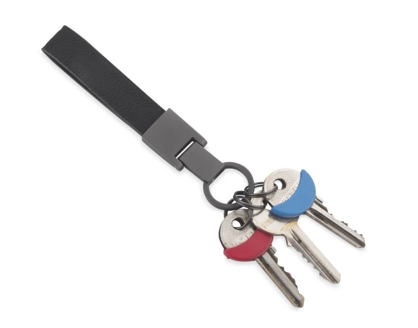 Brelok DERI czarny metalowo-skórzany z logo firmy