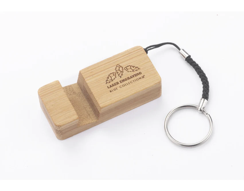 Bambusowy brelok stojak do telefonu PENDE brązowy z logo