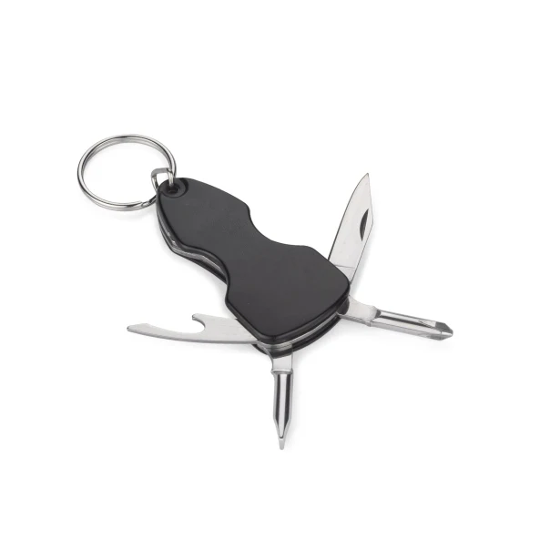 Czarny brelok ATERO z otwieraczem, nożykiem i śrubokrętami