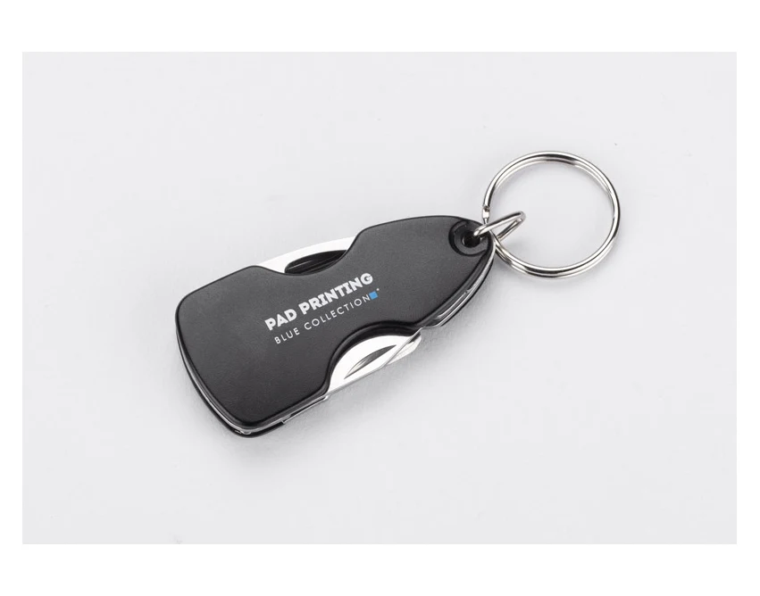 Czarny brelok ATERO z otwieraczem, nożykiem i śrubokrętami