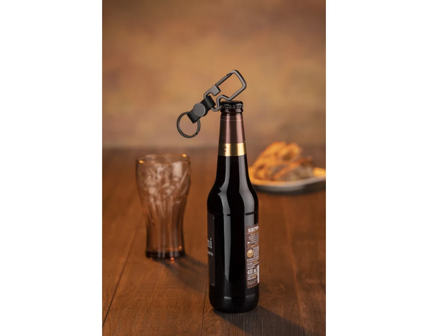 Grafitowy brelok HILLE z otwieraczem, metal i PU, z logo