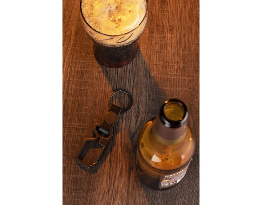 Grafitowy brelok HILLE z otwieraczem, metal i PU, z logo