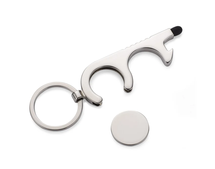 Srebrny brelok anti-touch z żetonem i otwieraczem – metal