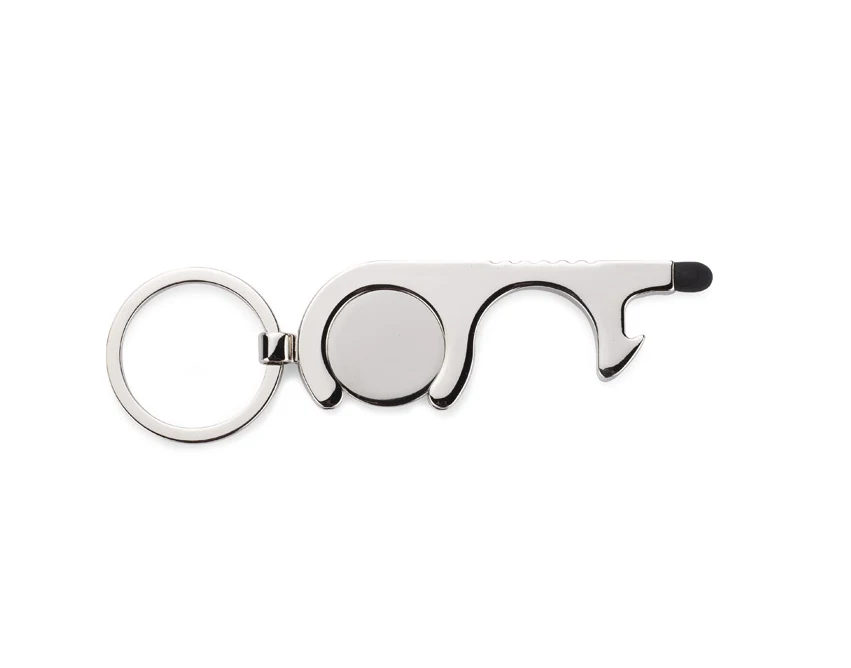 Srebrny brelok anti-touch z żetonem i otwieraczem – metal