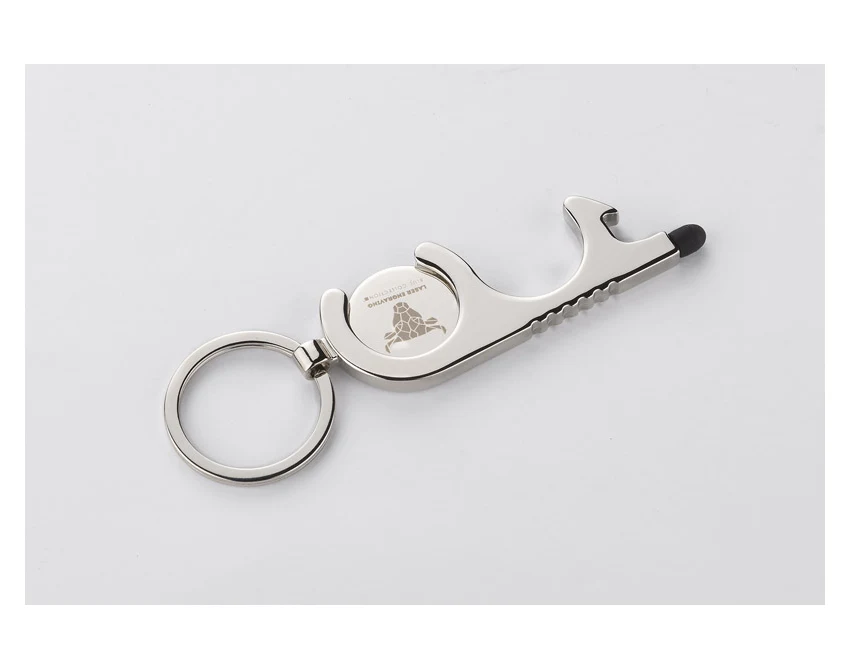 Srebrny brelok anti-touch z żetonem i otwieraczem – metal