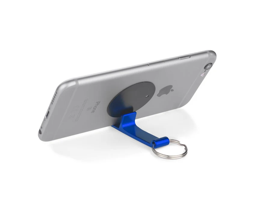 Niebieski brelok 3w1 z logo – otwieracz i stojak na telefon