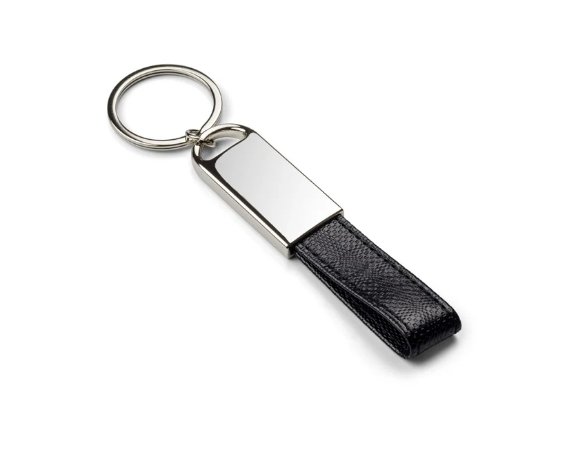 Czarny brelok STRAP metalowy z ekoskóry z grawerem logo