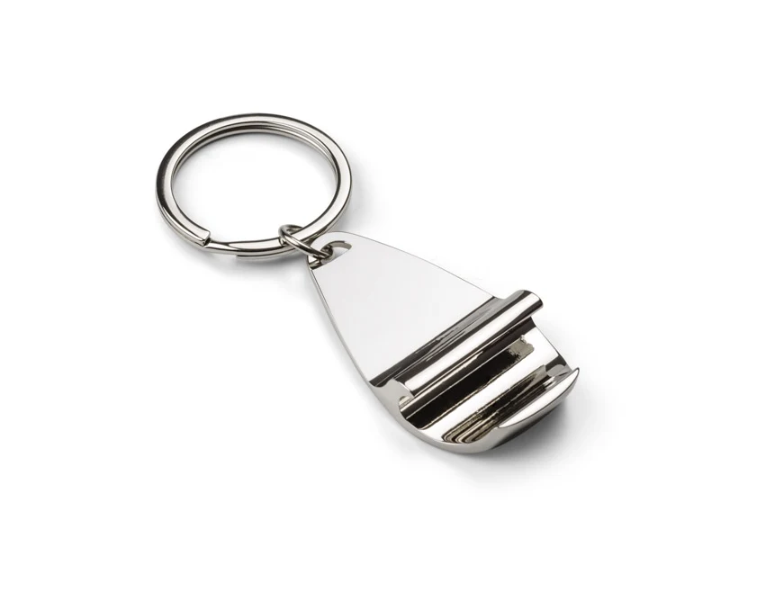 Srebrny metalowy brelok APER z otwieraczem i logo firmy