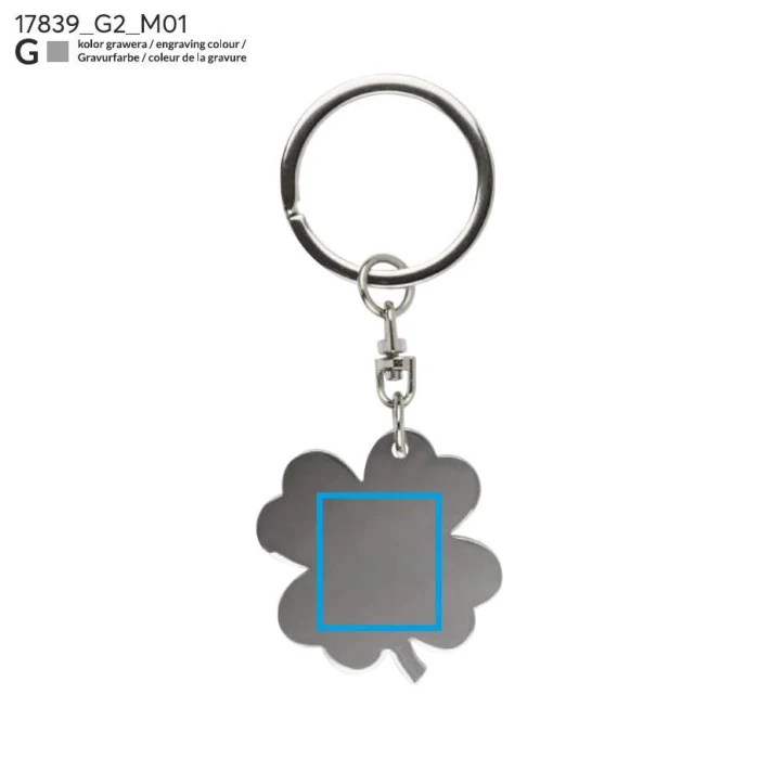 Schemat znakowania dla Grawerowanie laserowe - G2 na gadżecie: Srebrny brelok koniczynka z logo – metal, grawer, premium