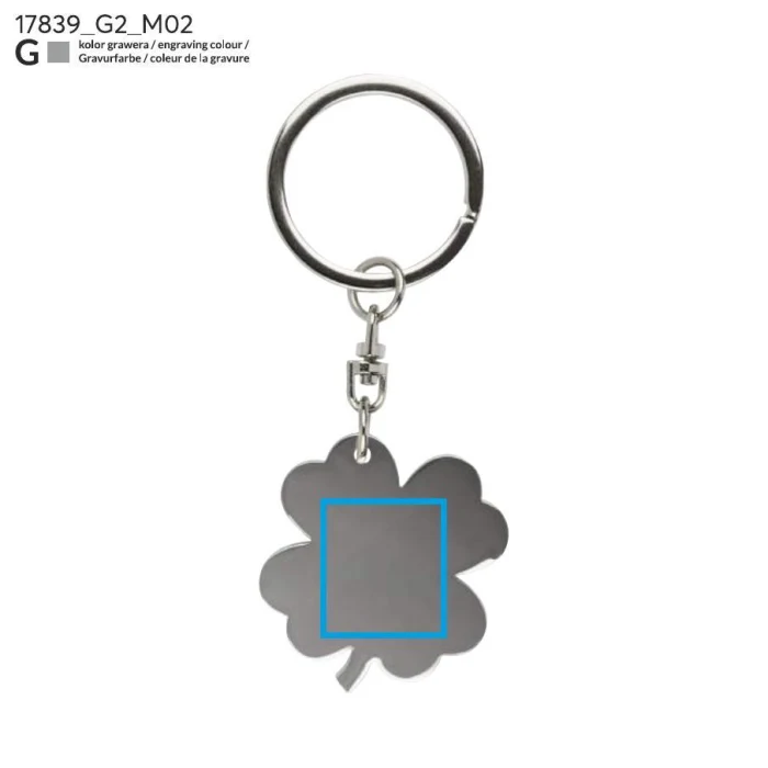 Schemat znakowania dla Grawerowanie laserowe - G2 na gadżecie: Srebrny brelok koniczynka z logo – metal, grawer, premium